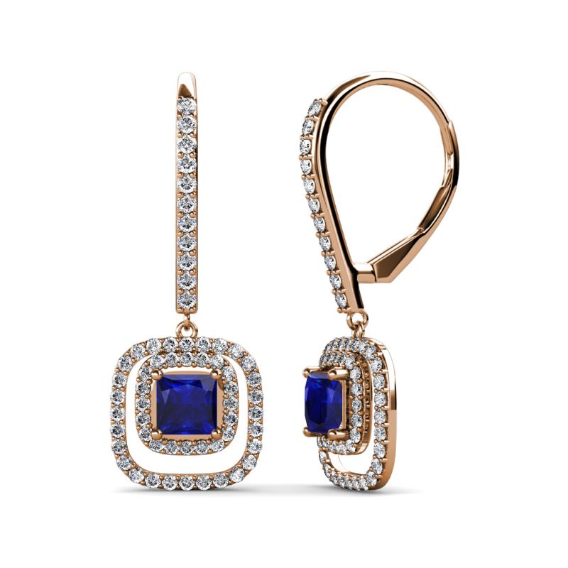 Turia Blue Sapphire and Diamond Double Halo Dangling Earrings 