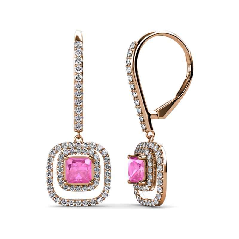 Turia Pink Sapphire and Diamond Double Halo Dangling Earrings 
