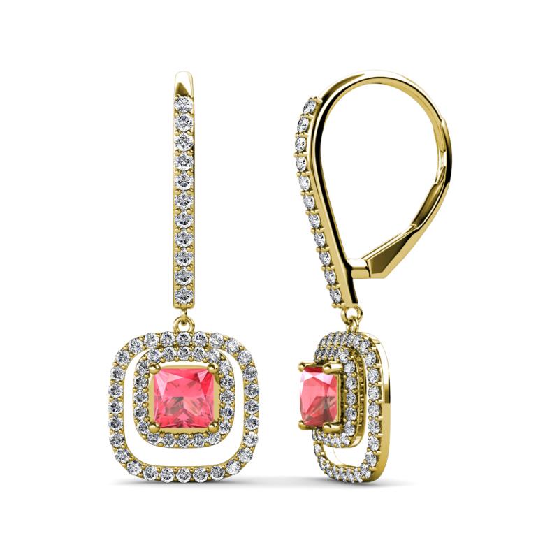 Turia Pink Tourmaline and Diamond Double Halo Dangling Earrings 