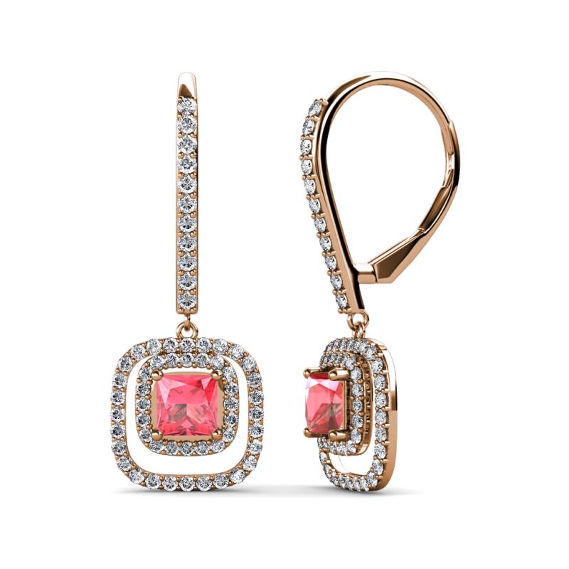 Turia Pink Tourmaline and Diamond Double Halo Dangling Earrings 
