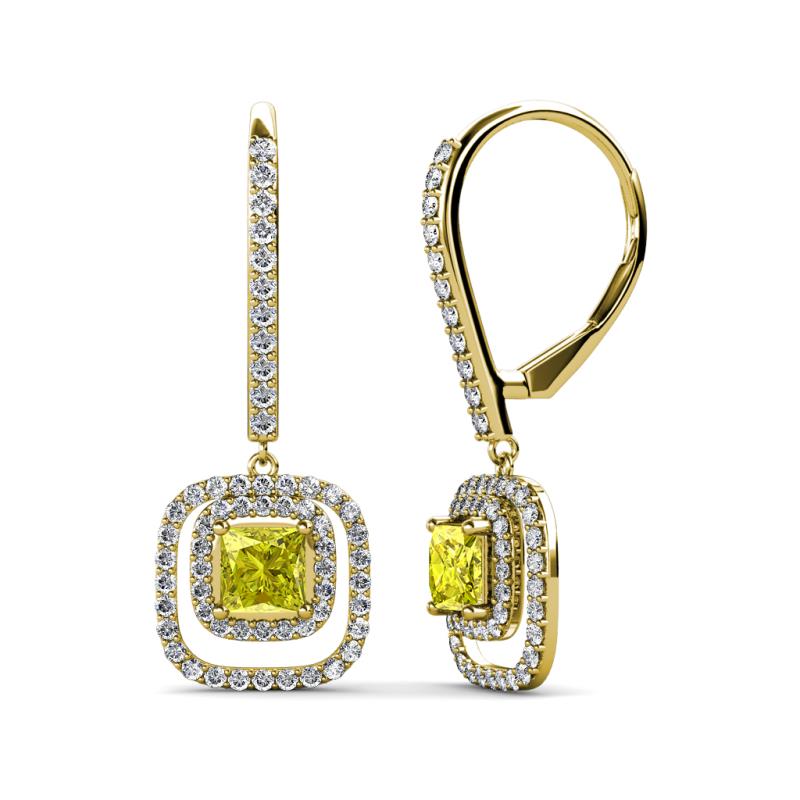 Turia Yellow and White Diamond Double Halo Dangling Earrings 