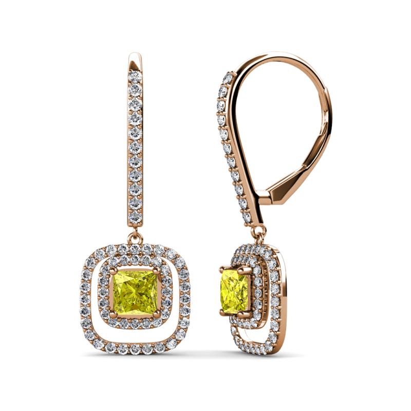 Turia Yellow and White Diamond Double Halo Dangling Earrings 