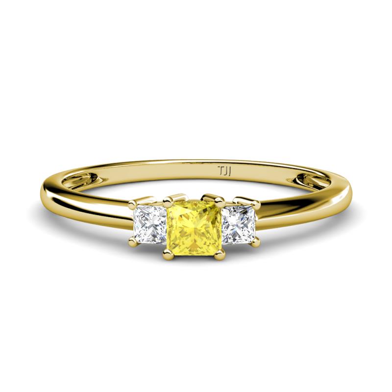 Eadlin Princess Cut Yellow Sapphire and Diamond Three Stone Engagement Ring 