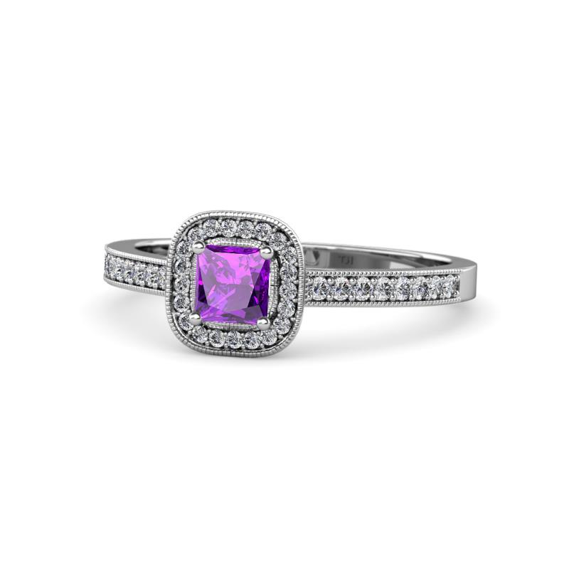 Aellai Princess Cut Amethyst and Diamond Halo Engagement Ring 