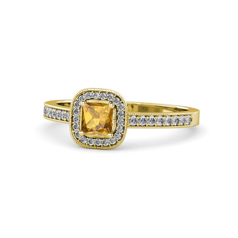Aellai Princess Cut Citrine and Diamond Halo Engagement Ring 