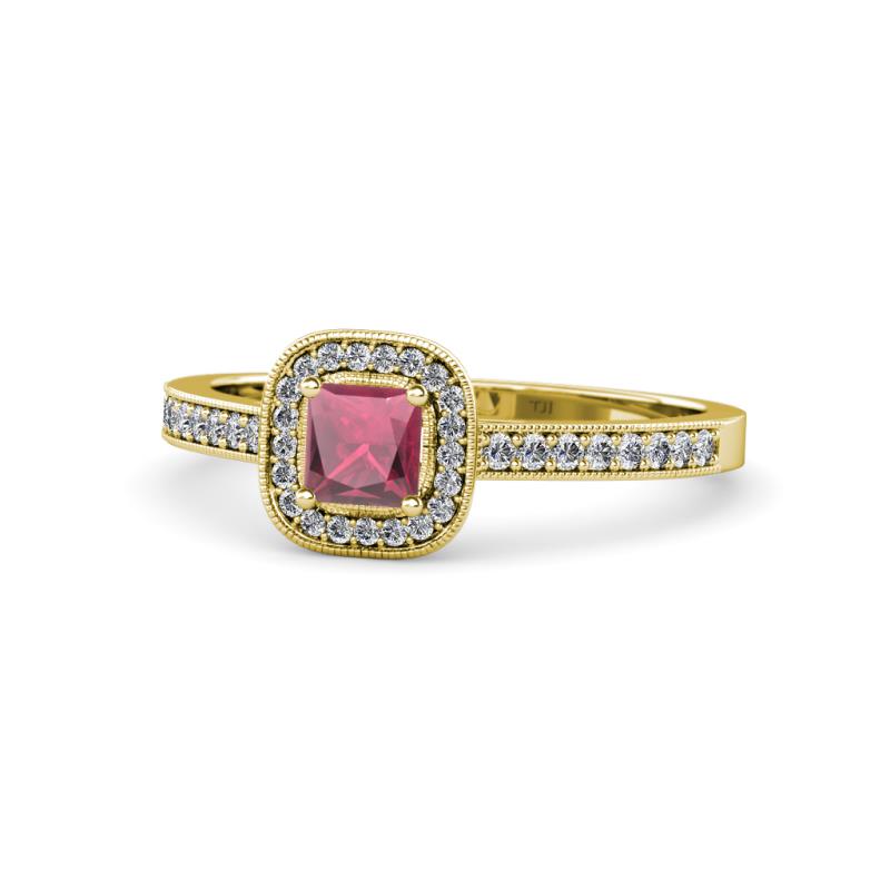 Aellai Princess Cut Rhodolite Garnet and Diamond Halo Engagement Ring 