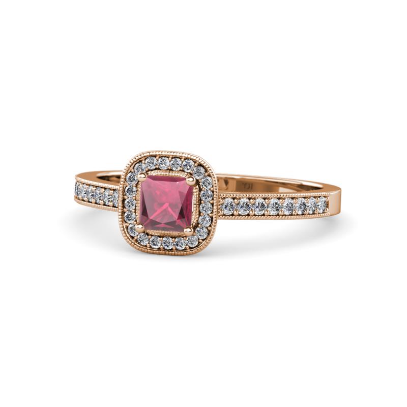 Aellai Princess Cut Rhodolite Garnet and Diamond Halo Engagement Ring 