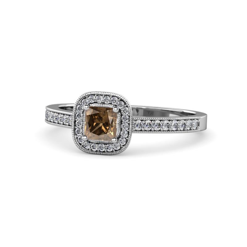Aellai Princess Cut Smoky Quartz and Diamond Halo Engagement Ring 