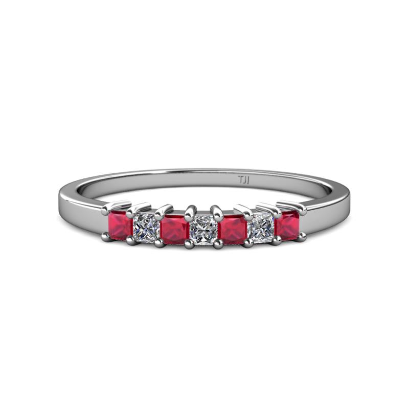 Evia 2.50 mm Princess Cut Ruby and Diamond 7 Stone Wedding Band 