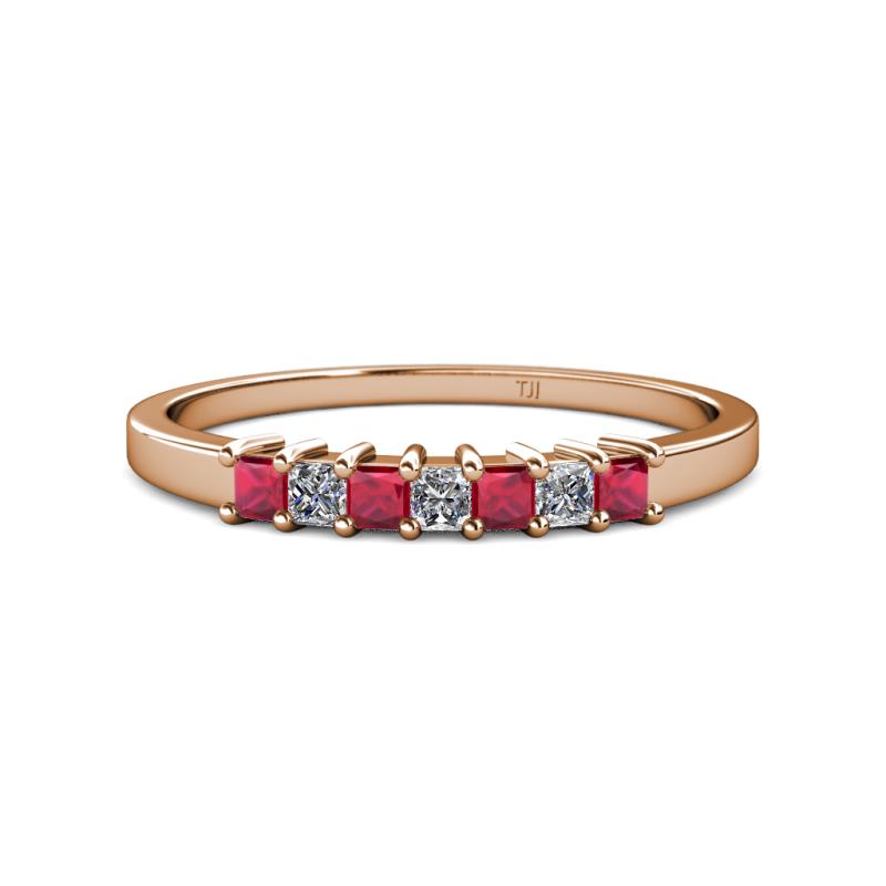 Evia 2.50 mm Princess Cut Ruby and Diamond 7 Stone Wedding Band 