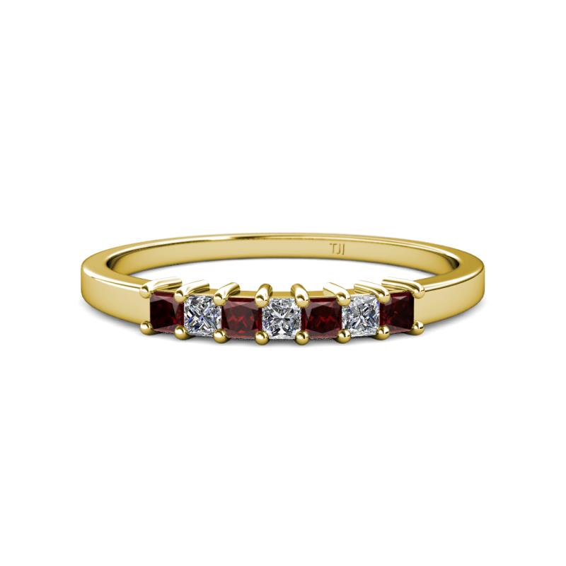 Evia 2.50 mm Princess Cut Red Garnet and Diamond 7 Stone Wedding Band 
