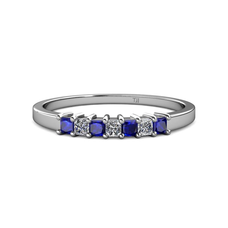 Evia 2.50 mm Princess Cut Blue Sapphire and Diamond 7 Stone Wedding Band 