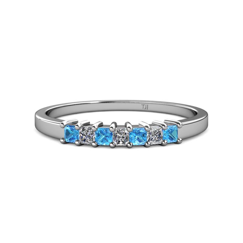 Evia 2.50 mm Princess Cut Blue Topaz and Diamond 7 Stone Wedding Band 