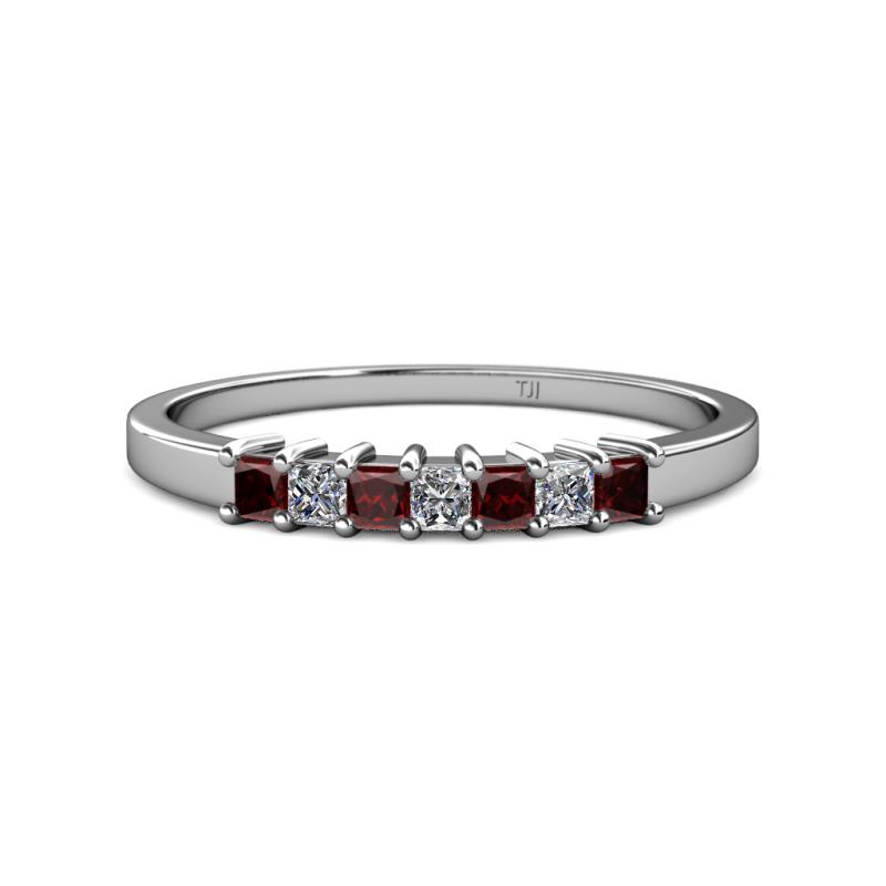 Evia 2.50 mm Princess Cut Red Garnet and Diamond 7 Stone Wedding Band 