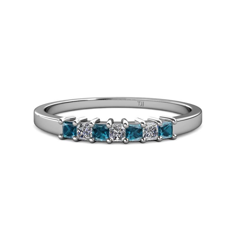 Evia 2.50 mm Princess Cut London Blue Topaz and Diamond 7 Stone Wedding Band 