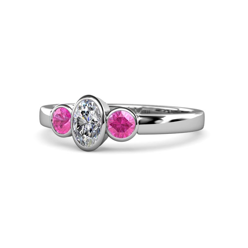 Caron 0.72 ctw Natural GIA Certified Diamond Oval Shape (6x4 mm) and Side Pink Sapphire Three Stone Ring  