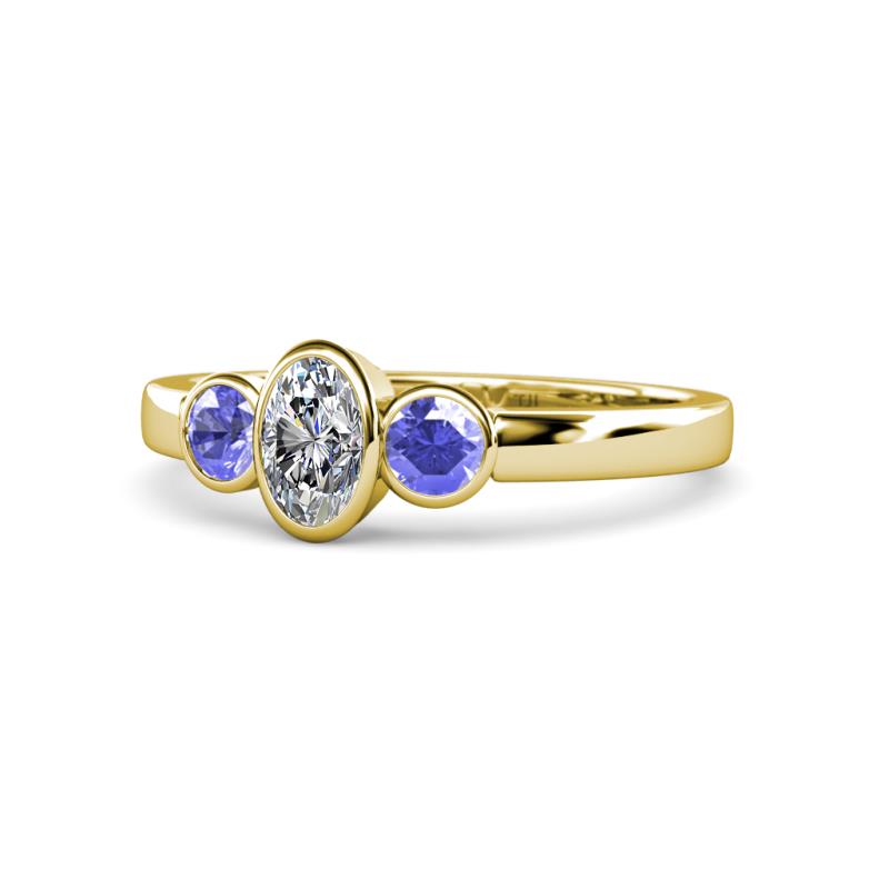 Caron 0.70 ctw Natural GIA Certified Diamond Oval Shape (6x4 mm) and Side Tanzanite Three Stone Ring  
