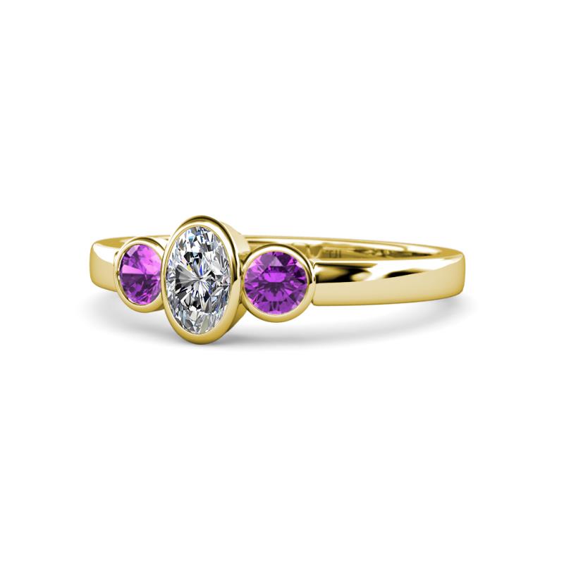 Caron 0.68 ctw Natural GIA Certified Diamond Oval Shape (6x4 mm) and Side Amethyst Three Stone Ring  