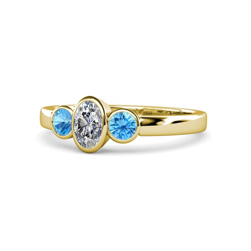 Caron 0.68 ctw Natural GIA Certified Diamond Oval Shape (6x4 mm) and Side Blue Topaz Three Stone Ring  