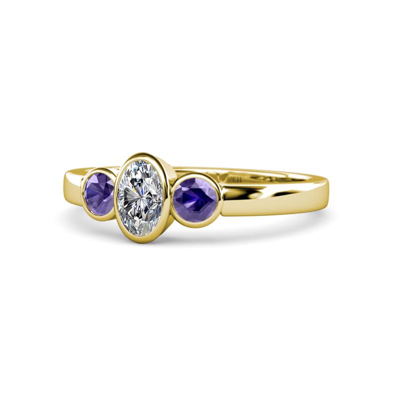 Caron 0.68 ctw Natural GIA Certified Diamond Oval Shape (6x4 mm) and Side Iolite Three Stone Ring  