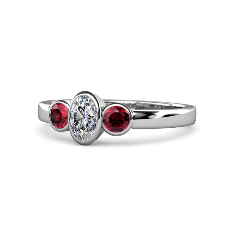 Caron 0.72 ctw Natural GIA Certified Diamond Oval Shape (6x4 mm) and Side Ruby Three Stone Ring  