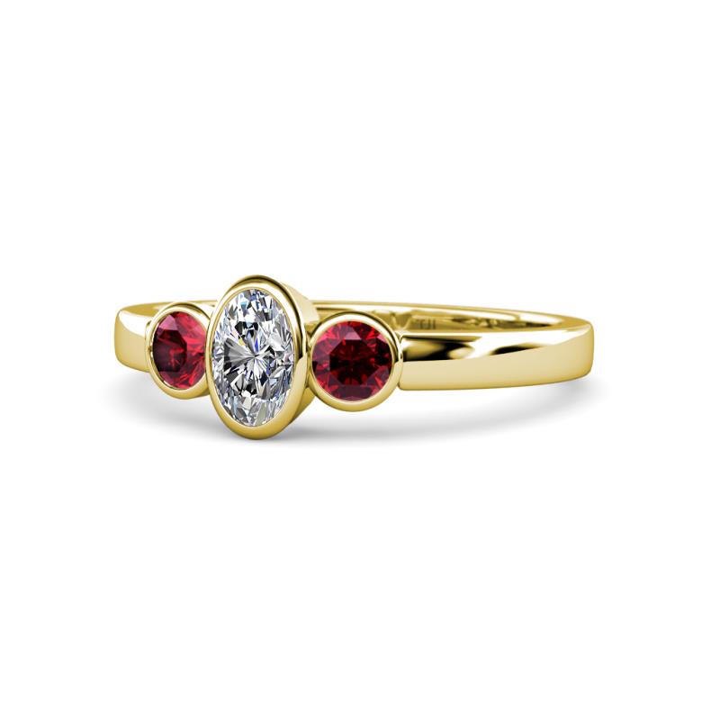 Caron 0.72 ctw Natural GIA Certified Diamond Oval Shape (6x4 mm) and Side Ruby Three Stone Ring  