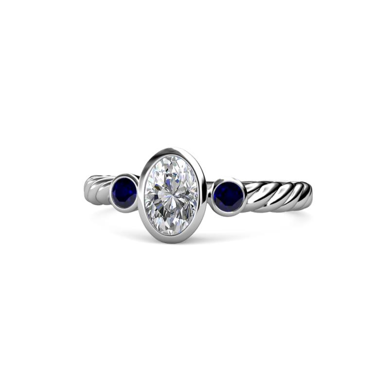 Carolyn 0.48 ctw Natural GIA Certified Diamond Oval Shape (6x4 mm) With Side Blue Sapphire Three Stone Rope Ring  