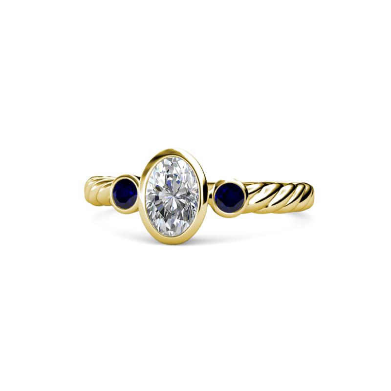 Carolyn 0.48 ctw Natural GIA Certified Diamond Oval Shape (6x4 mm) With Side Blue Sapphire Three Stone Rope Ring  