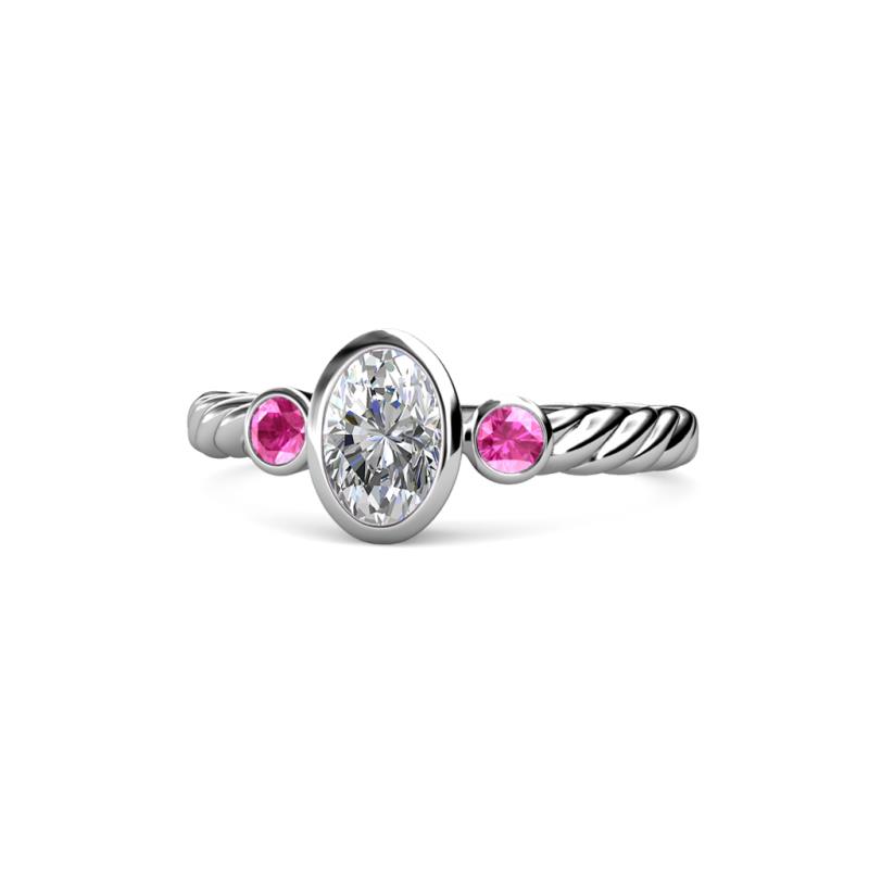Carolyn 0.48 ctw Natural GIA Certified Diamond Oval Shape (6x4 mm) With Side Pink Sapphire Three Stone Rope Ring  
