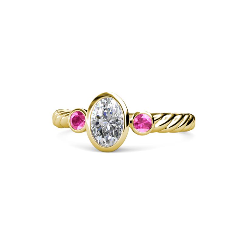 Carolyn 0.48 ctw Natural GIA Certified Diamond Oval Shape (6x4 mm) With Side Pink Sapphire Three Stone Rope Ring  