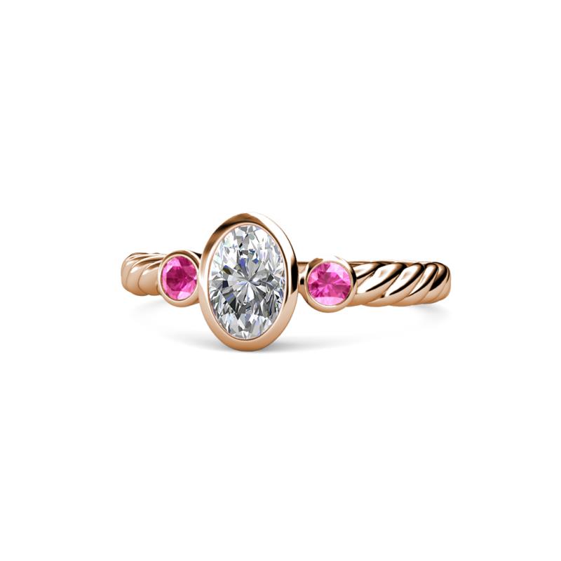 Carolyn 0.48 ctw Natural GIA Certified Diamond Oval Shape (6x4 mm) With Side Pink Sapphire Three Stone Rope Ring  