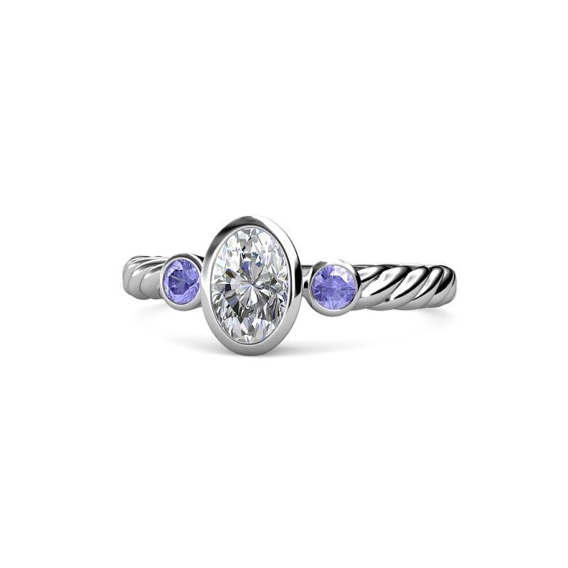 Carolyn 0.47 ctw Natural GIA Certified Diamond Oval Shape (6x4 mm) With Side Tanzanite Three Stone Rope Ring  