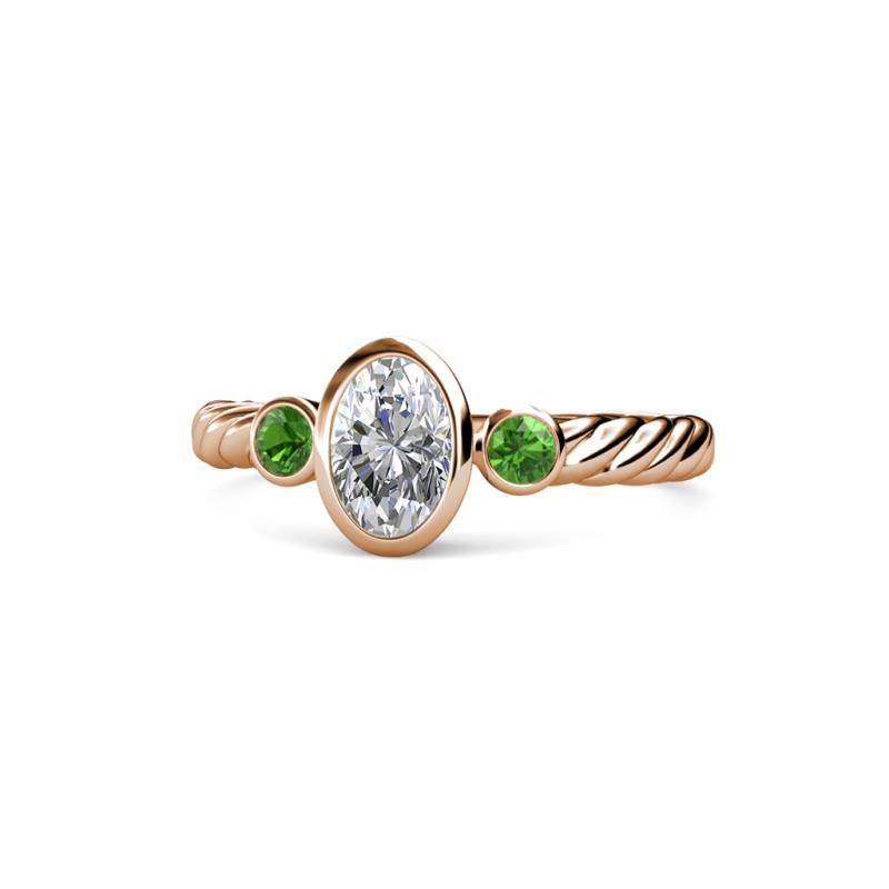 Carolyn 0.49 ctw Natural GIA Certified Diamond Oval Shape (6x4 mm) With Side Green Garnet Three Stone Rope Ring  