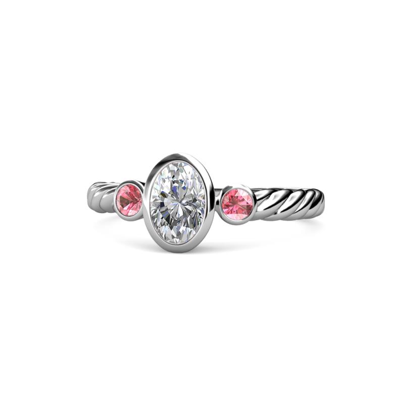 Carolyn 0.46 ctw Natural GIA Certified Diamond Oval Shape (6x4 mm) With Side Pink Tourmaline Three Stone Rope Ring  