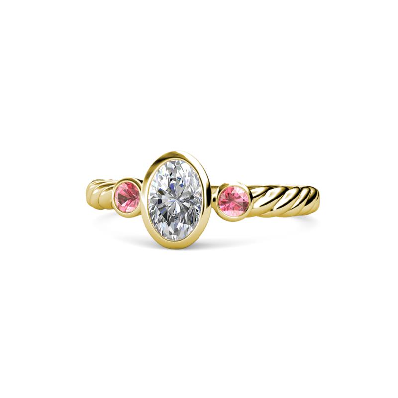 Carolyn 0.46 ctw Natural GIA Certified Diamond Oval Shape (6x4 mm) With Side Pink Tourmaline Three Stone Rope Ring  