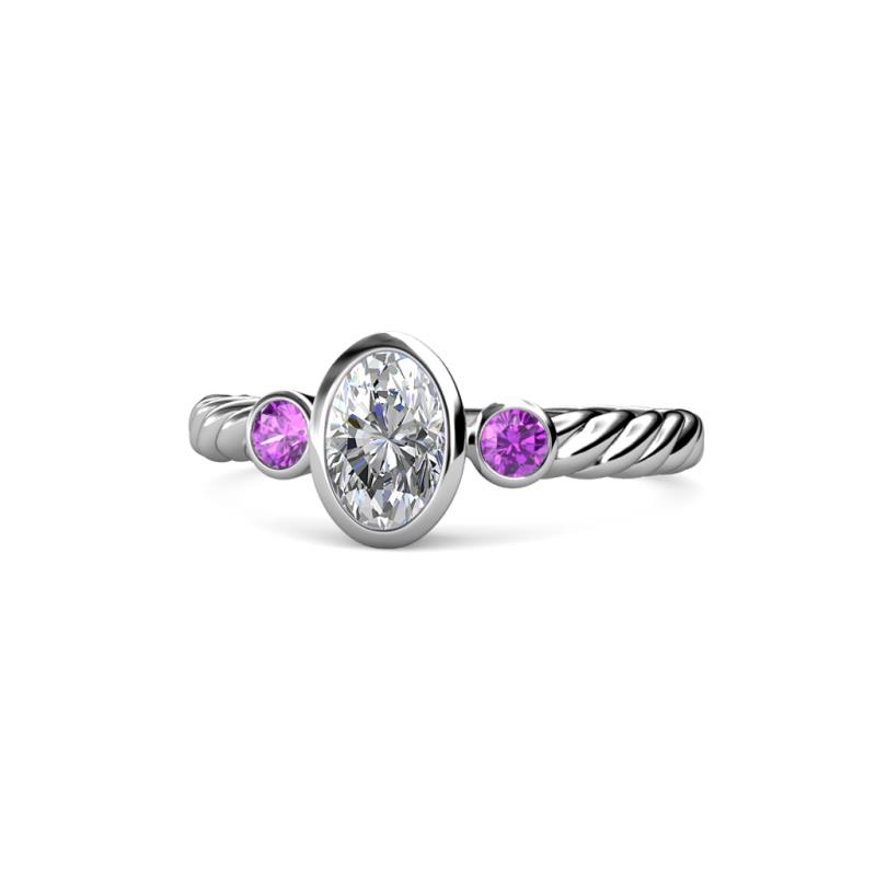 Carolyn 0.45 ctw Natural GIA Certified Diamond Oval Shape (6x4 mm) With Side Amethyst Three Stone Rope Ring  