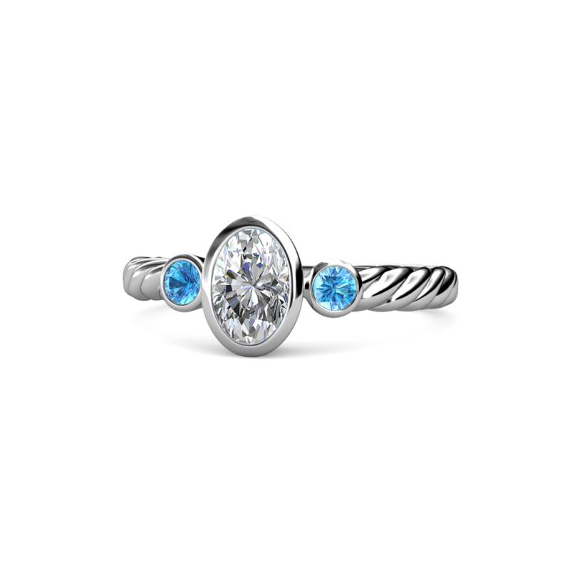Carolyn 0.47 ctw Natural GIA Certified Diamond Oval Shape (6x4 mm) With Side Blue Topaz Three Stone Rope Ring  