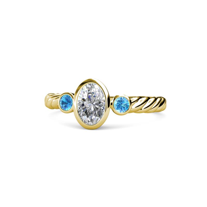 Carolyn 0.47 ctw Natural GIA Certified Diamond Oval Shape (6x4 mm) With Side Blue Topaz Three Stone Rope Ring  