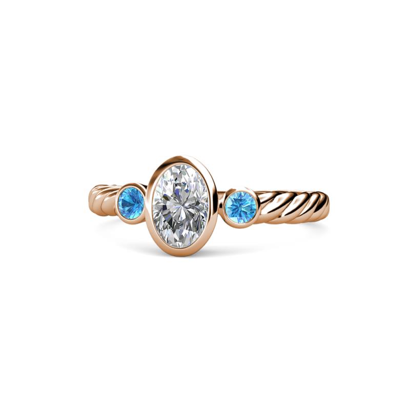 Carolyn 0.47 ctw Natural GIA Certified Diamond Oval Shape (6x4 mm) With Side Blue Topaz Three Stone Rope Ring  