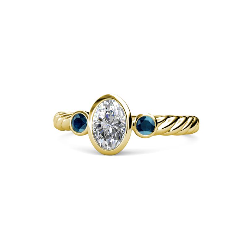 Carolyn 0.48 ctw Natural GIA Certified Diamond Oval Shape (6x4 mm) With Side Blue Diamond Three Stone Rope Ring  