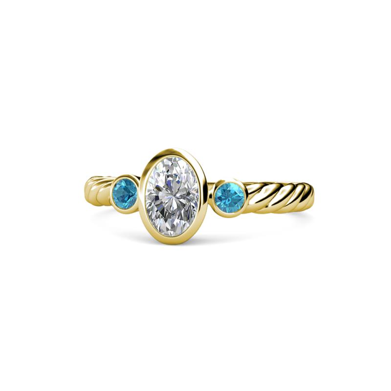 Carolyn 0.47 ctw Natural GIA Certified Diamond Oval Shape (6x4 mm) With Side London Blue Topaz Three Stone Rope Ring  