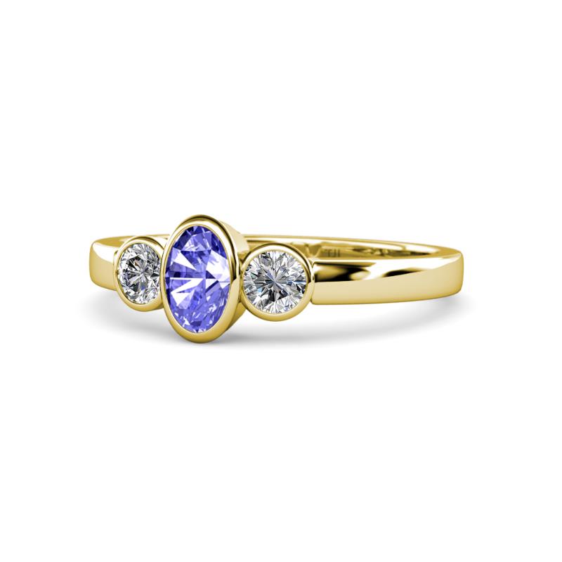 Caron Oval Cut Tanzanite and Diamond Three Stone Engagement Ring 
