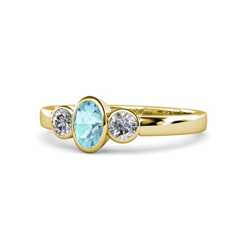 Caron Oval Cut Aquamarine and Diamond Three Stone Engagement Ring 