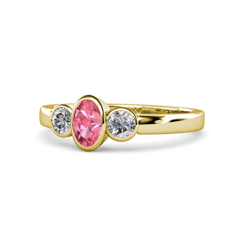 Caron Oval Cut Pink Tourmaline and Diamond Three Stone Engagement Ring 