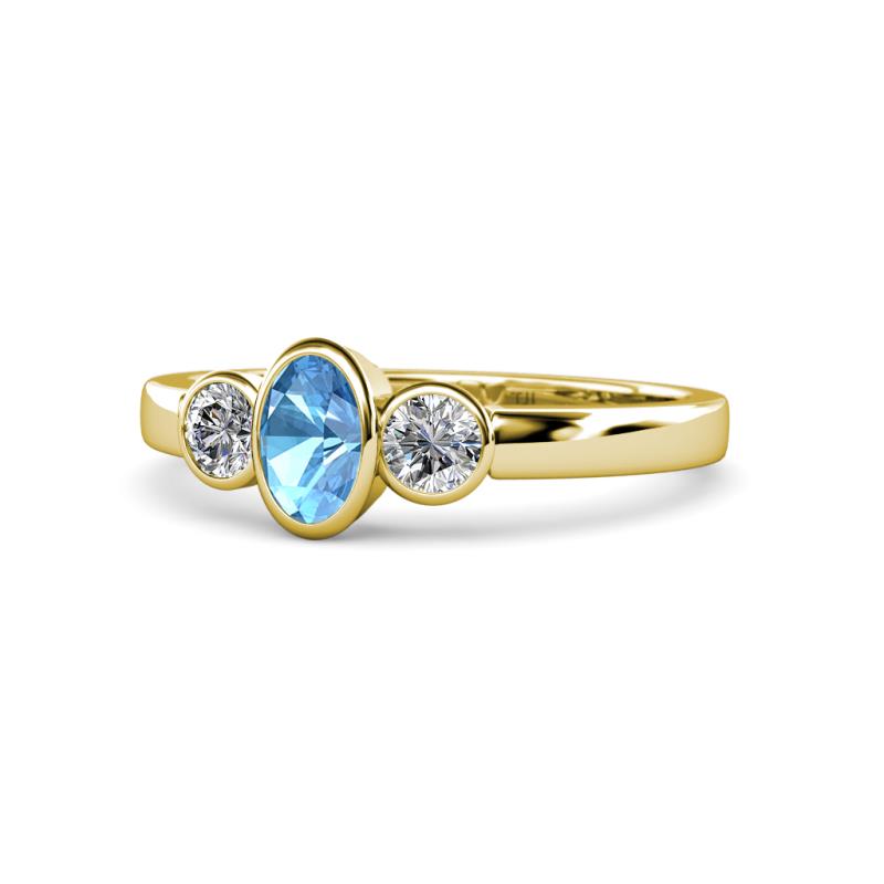 Caron Oval Cut Blue Topaz and Diamond Three Stone Engagement Ring 