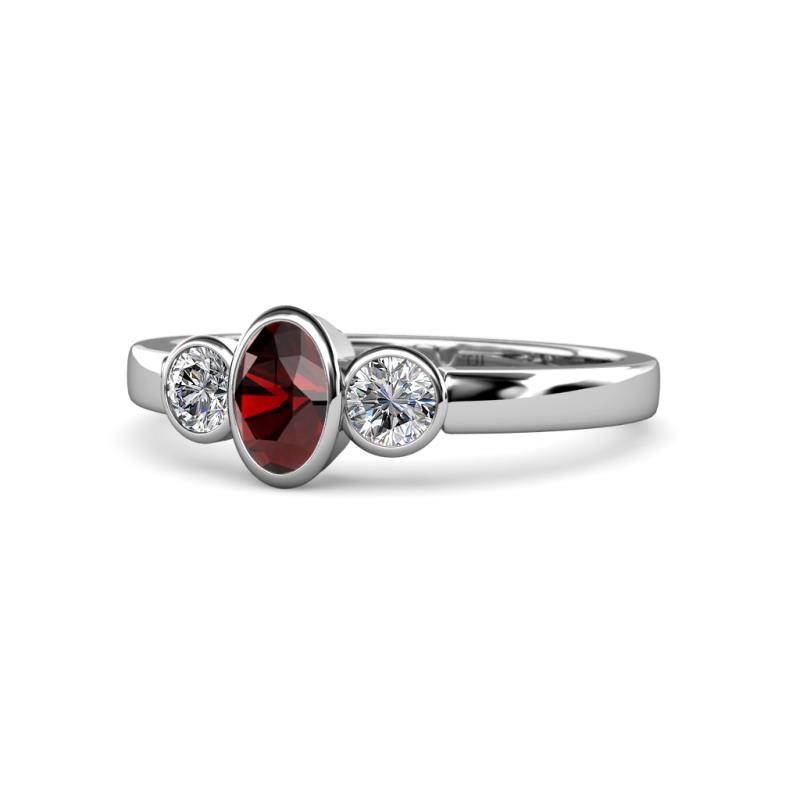Caron Oval Cut Red Garnet and Diamond Three Stone Engagement Ring 