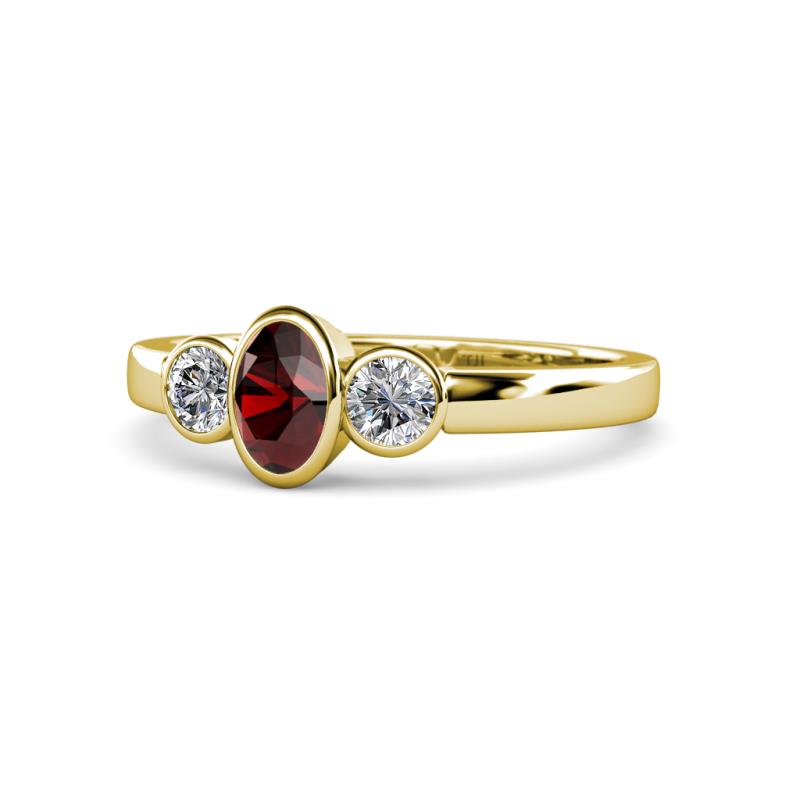 Caron Oval Cut Red Garnet and Diamond Three Stone Engagement Ring 
