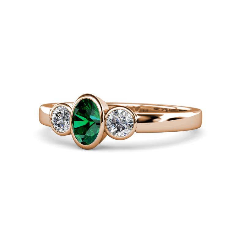 Caron Oval Cut Emerald and Diamond Three Stone Engagement Ring 