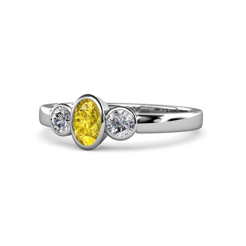 Caron Oval Cut Yellow Sapphire and Diamond Three Stone Engagement Ring 