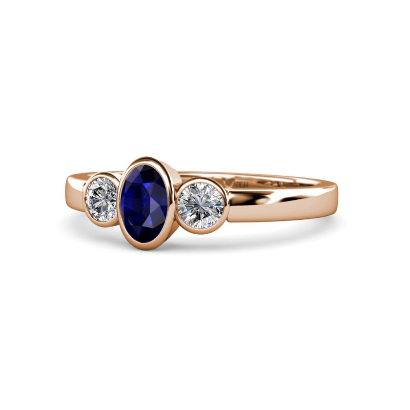 Caron Oval Cut Blue Sapphire and Diamond Three Stone Engagement Ring 
